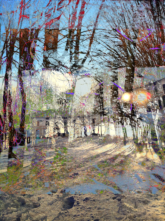 Gianluca Capozzi, Trees4, 2014, matite colorate, pennarello, acrilico su foto, digitalizzata e stampata su plexiglass trasparente, 92x69x0,8 cm