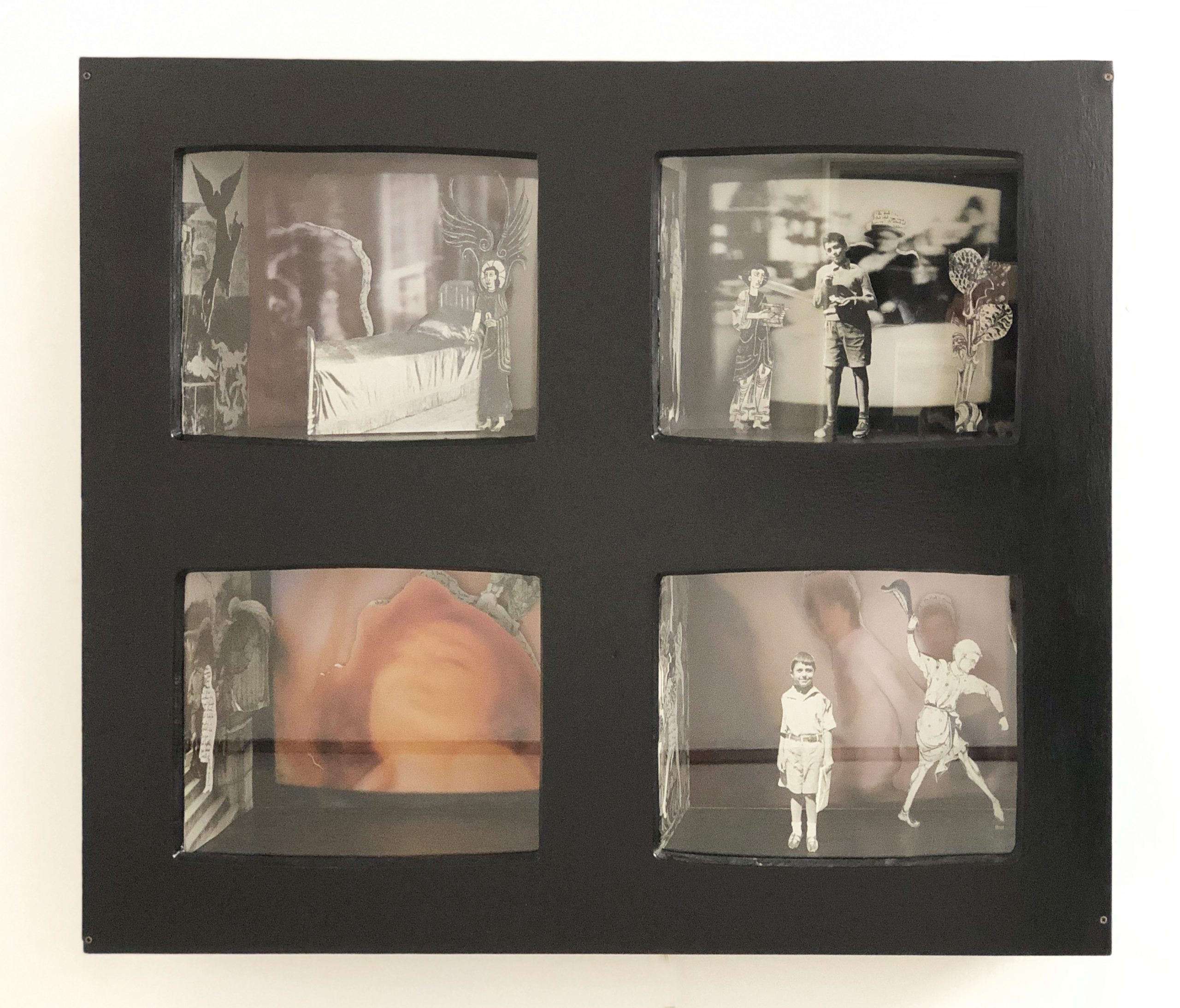 A. A. Misson, Floating mental theatre, '70-'80, tecnica mista in box di legno, vetro + neon, 99,5 x 21,5 x 83 cm