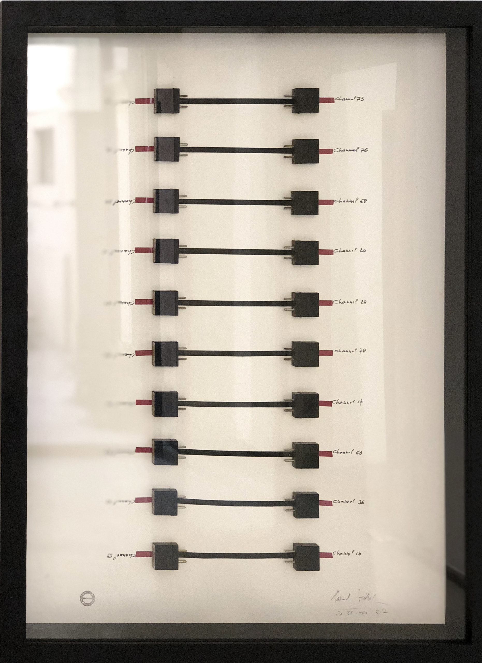 B. Heidsieck, Circuits integres 2, 1989, circuiti integrati e scritture serigrafate su carta, 70 x 50 cm