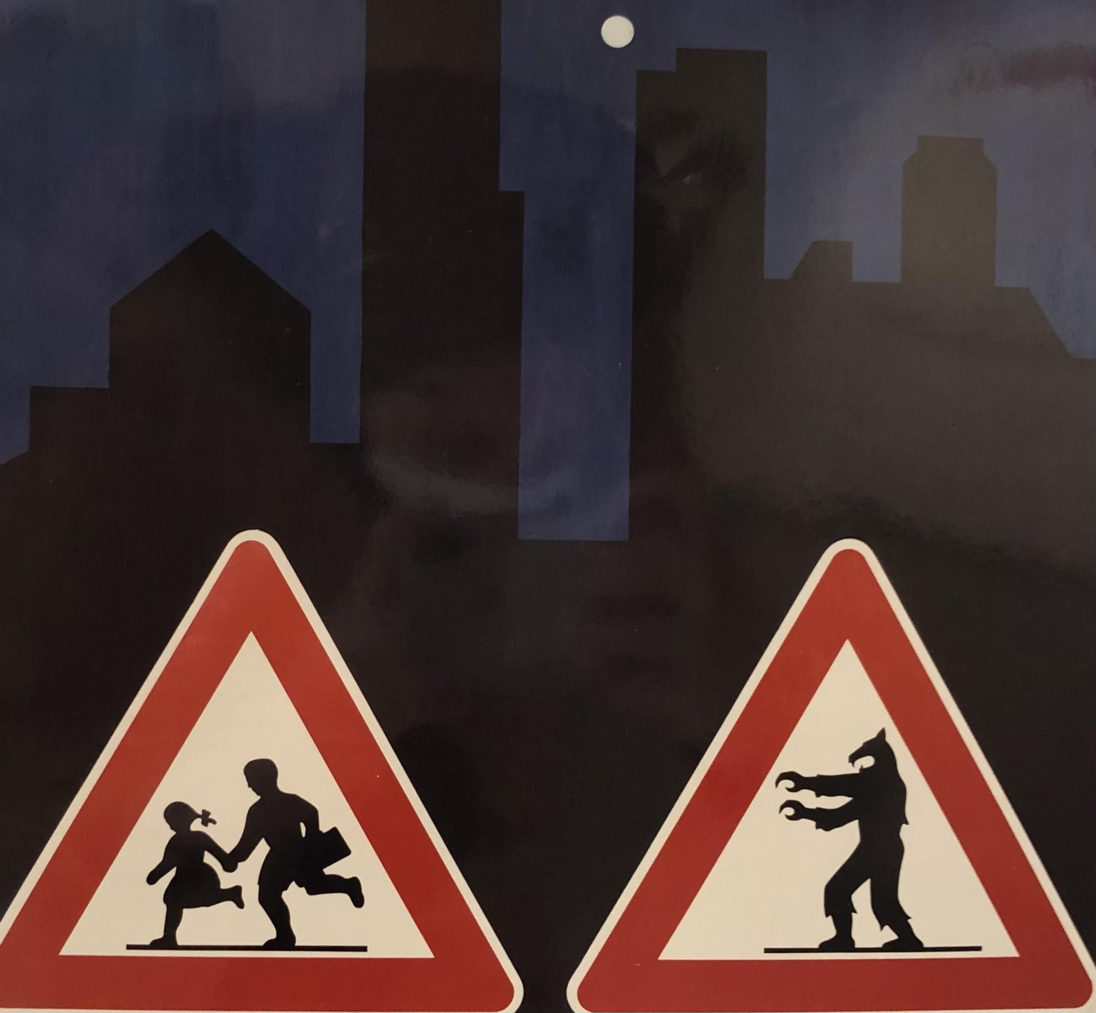 Francesco Garbelli, Pericolo di luna piena, 1988, cartelli segnaletica stradale, vernice spray, legno ricoperto di gesso colorato, 116x108 cm